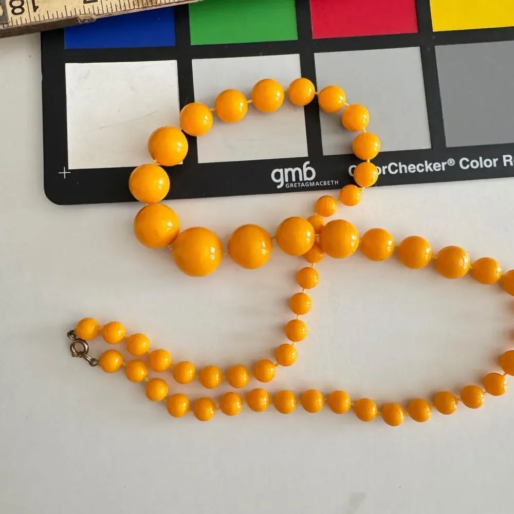 24” Egg Yolk Marble Orange Acrylic Beaded Choker Necklace 1960s Flinstones VNTG